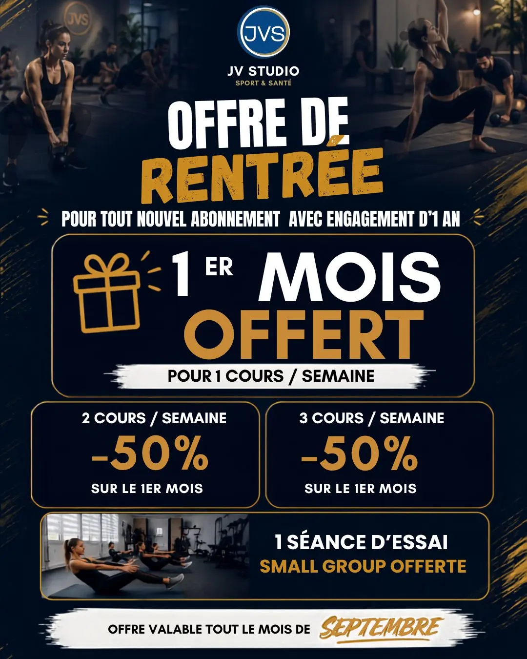 Offre de rentrée JV Studio — 1er mois offert ou -50% selon la formule, valable tout le mois de septembre